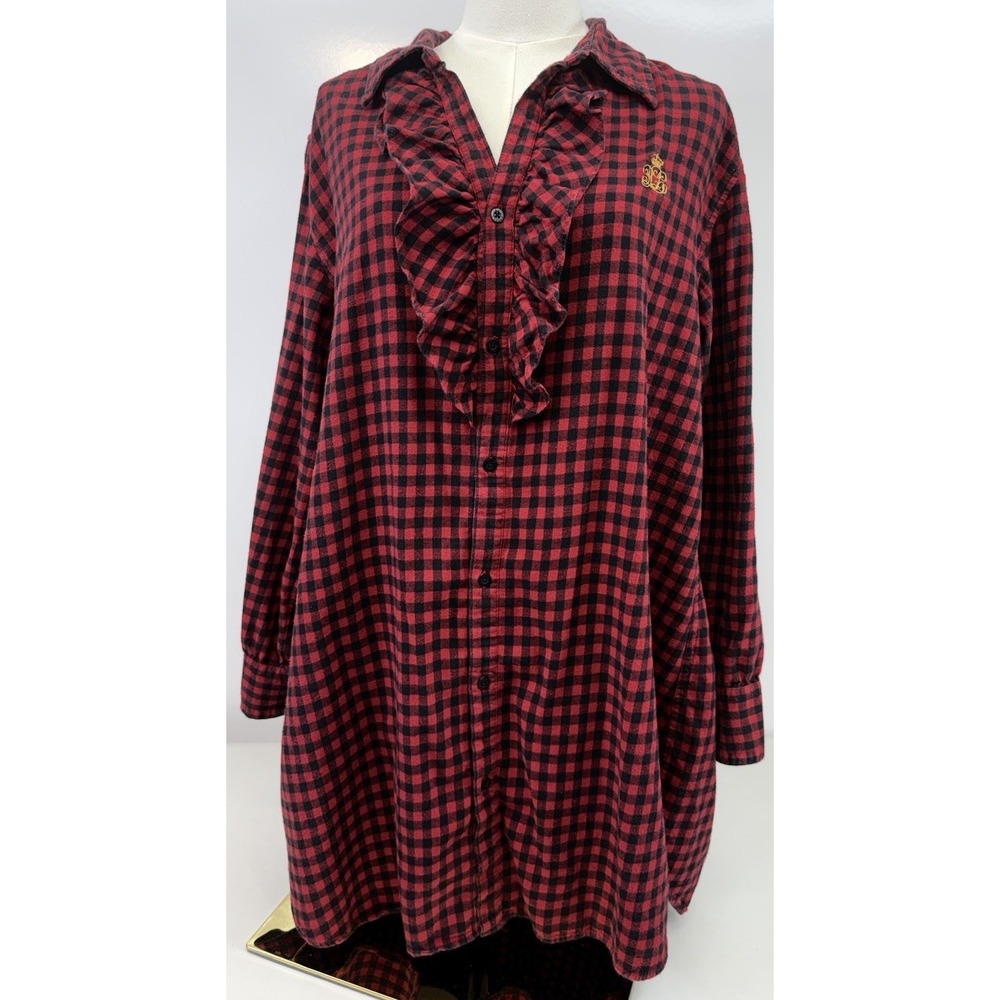 Ralph Lauren Nightgown Plaid Ruffle  Crest Red Black Flannel Womens XL